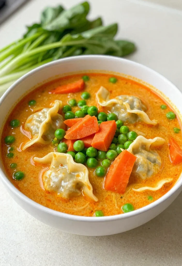 15 Thai Red Curry Dumpling Soup Recipes (Tender & Rich) - 14. Thai Red Curry Dumpling Soup with Peas and Carrots 1