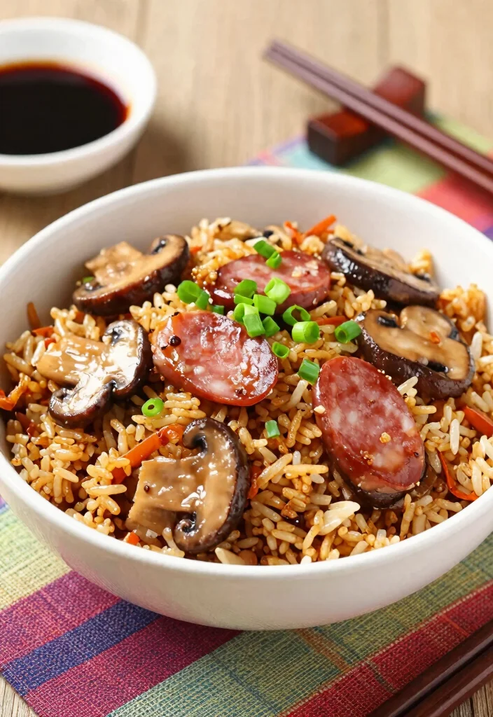 16 Savory Cantonese Style Chinese Sausage Fried Rice Recipes - 3. Mushroom and Chinese Sausage Fried Rice 1