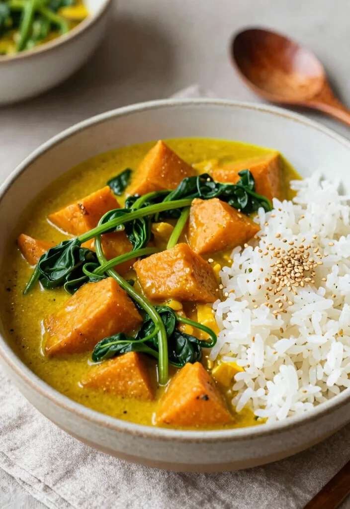 18 Gelbes Thai Curry Rezepte (Mild & Creamy) - 4. Gelbes Curry mit Süßkartoffeln und Spinat 1