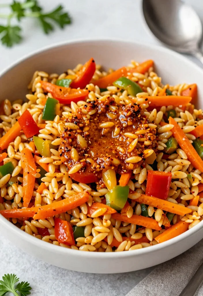 18 Greek Orzo Salad Recipes (Mediterranean Vibes) - 17. Spicy Orzo Salad with Harissa Dressing 1