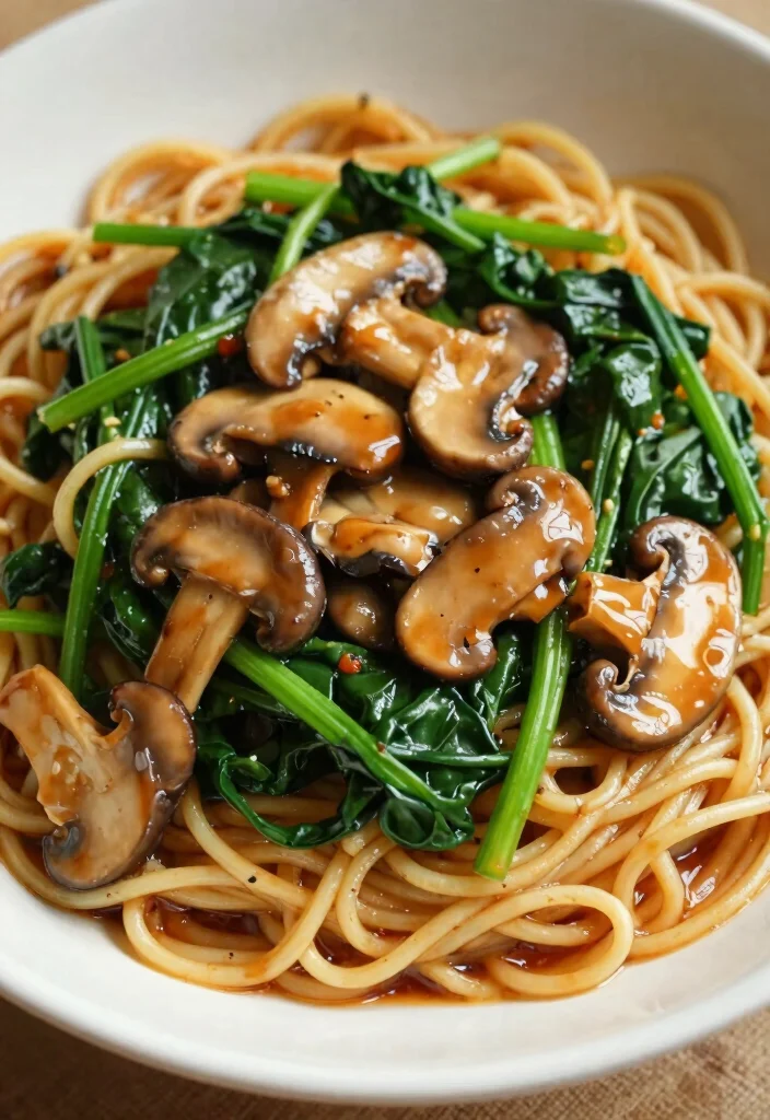 19 Chinese Noodle Dishes: Quick, Easy, Delicious - 10. Spinach and Mushroom Noodles 1