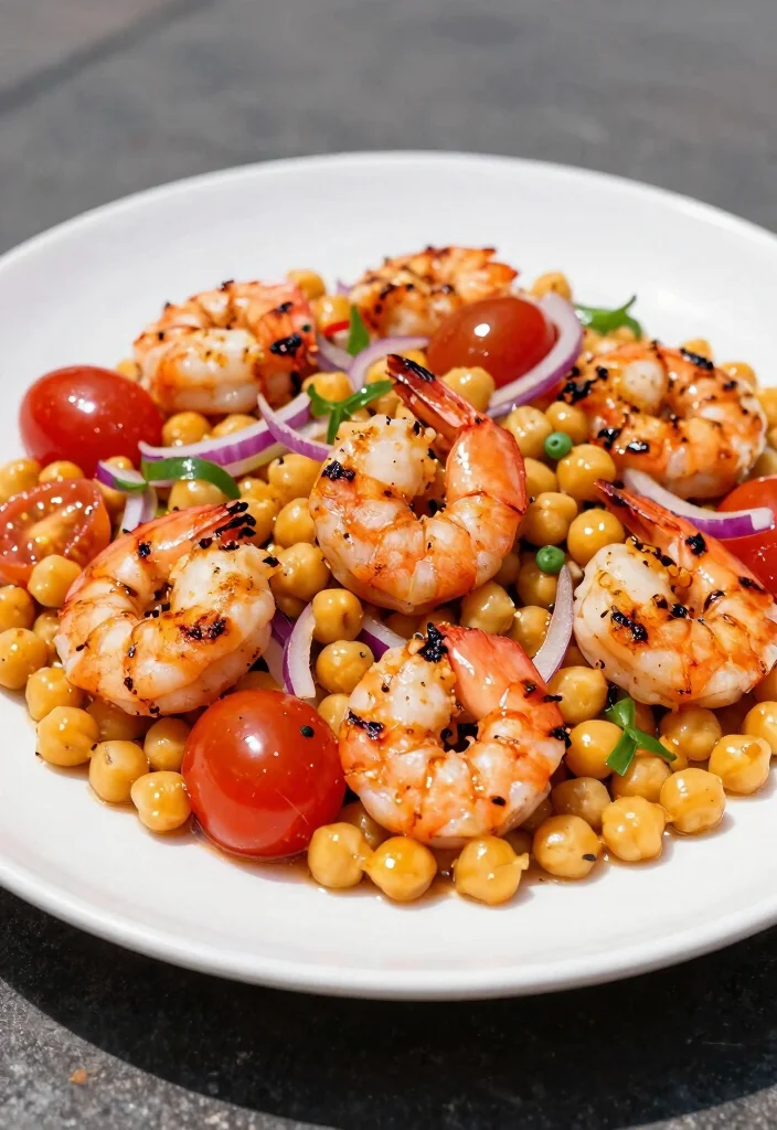 19 Greek Chickpea Salad Recipes (Quick & Healthy) - 17. Chickpea Salad with Grilled Shrimp 1