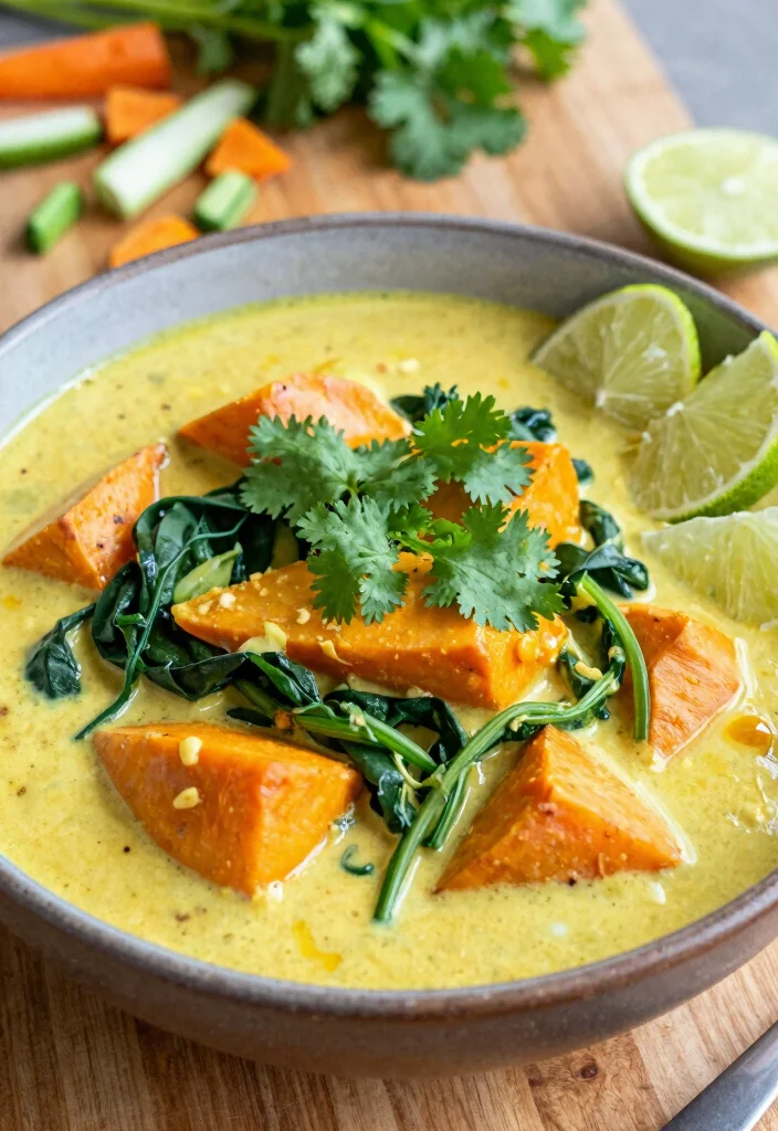 19 Vegetarische Thai Curry Rezepte für jede Saison - 1. Kokosnuss-Curry mit Süßkartoffeln und Spinat 1