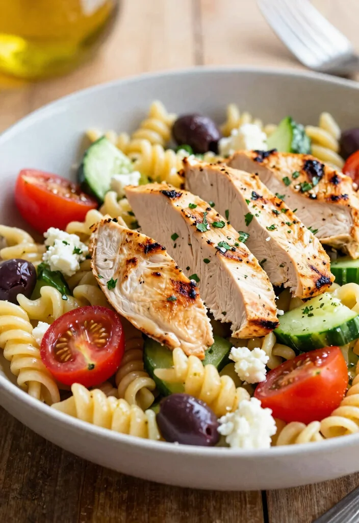 20 Greek Pasta Salad Recipes (Feta & Olive Perfection) - 12. Greek Pasta Salad with Grilled Chicken 1