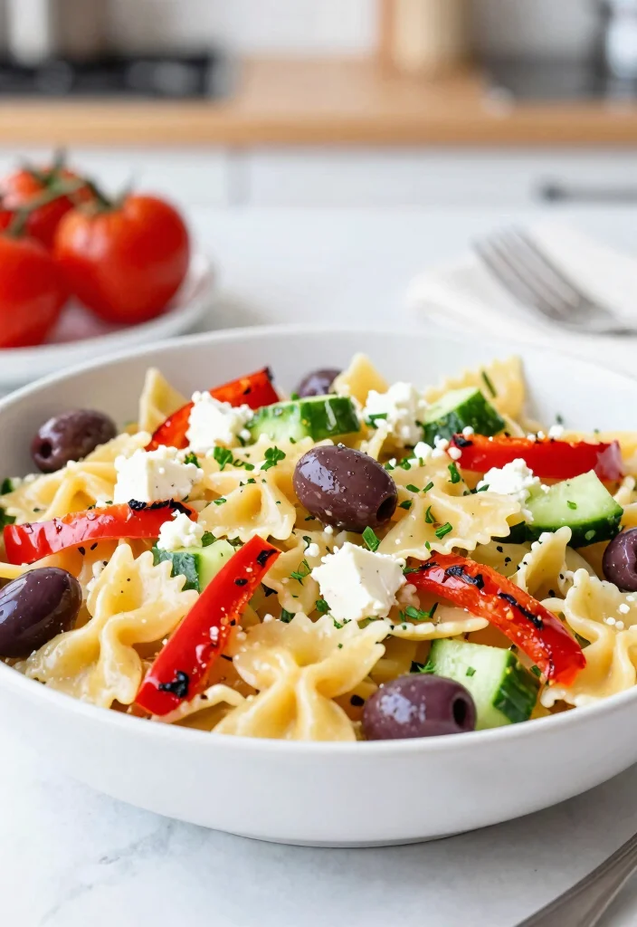 20 Greek Pasta Salad Recipes (Feta & Olive Perfection) - 13. Greek Pasta Salad with Roasted Red Peppers 1