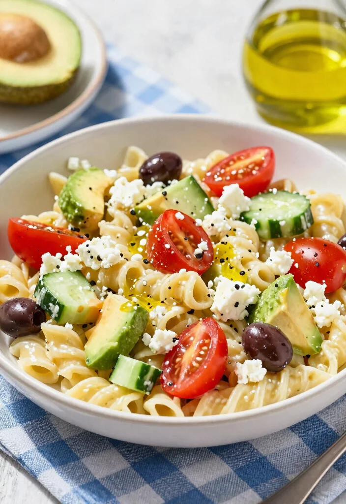 20 Greek Pasta Salad Recipes (Feta & Olive Perfection) - 14. Greek Pasta Salad with Avocado 1
