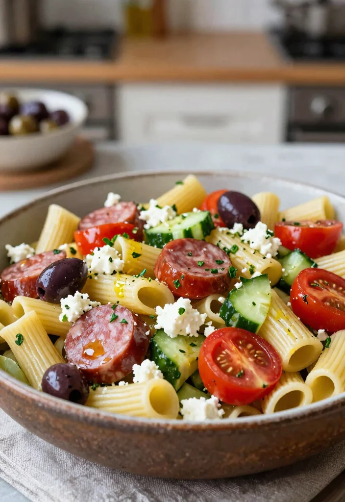 20 Greek Pasta Salad Recipes (Feta & Olive Perfection) - 15. Greek Pasta Salad with Sliced Sausage 1