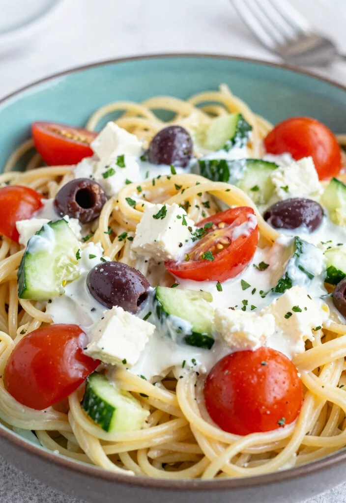 20 Greek Pasta Salad Recipes (Feta & Olive Perfection) - 16. Greek Pasta Salad with Feta & Yogurt Dressing 1