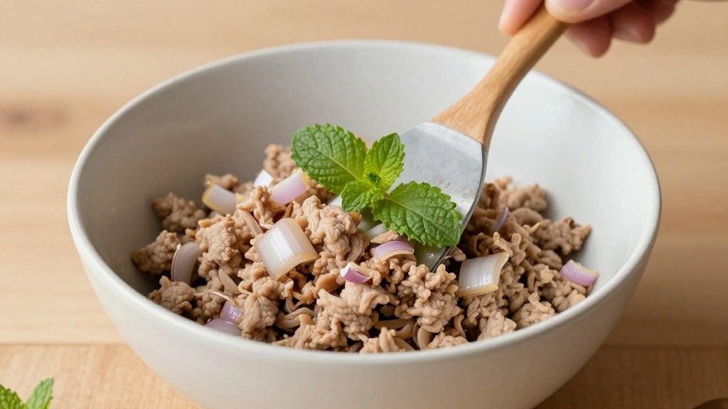 Authentic Thai Larb Moo - Fresh, Zesty Minced Pork Salad from Isan - Step 6: Add Shallots and Herbs 1