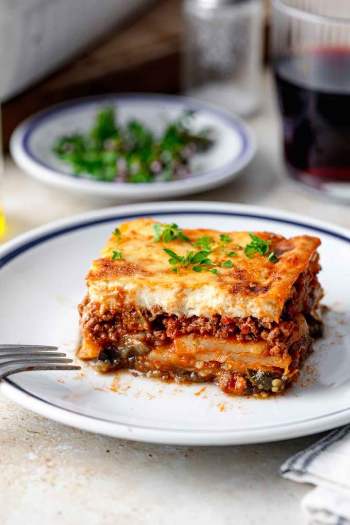 What are the layers in a classic Greek moussaka?