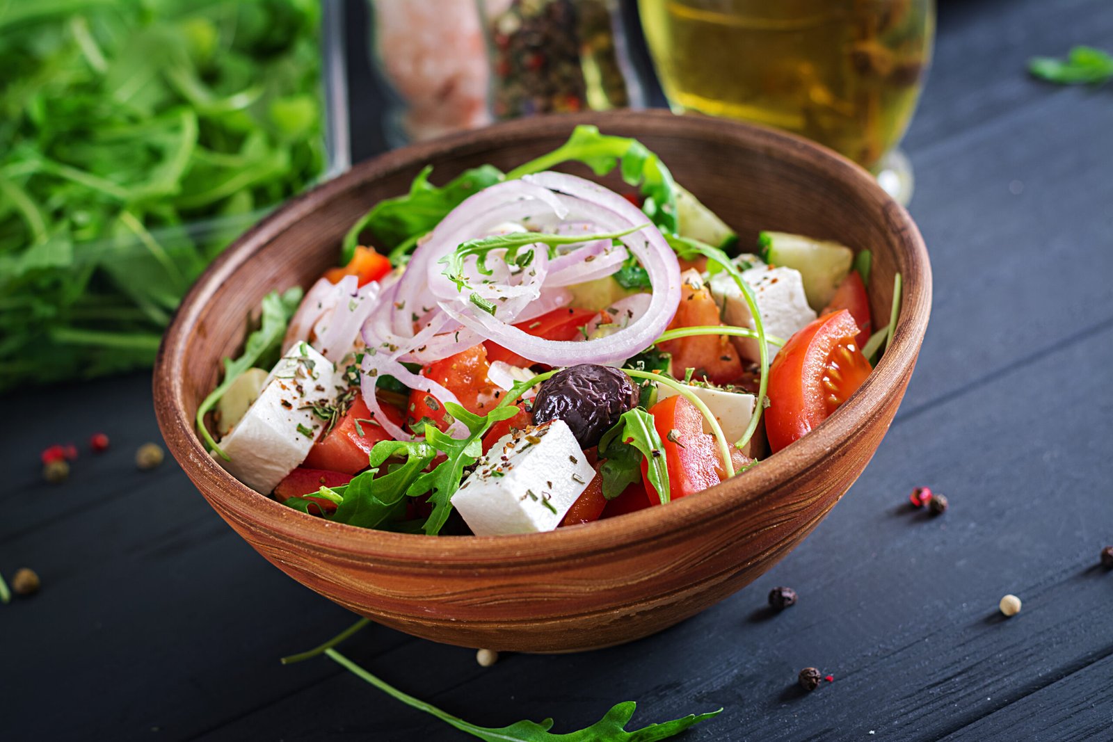 Which ingredients make Greek salad fresh and healthy?