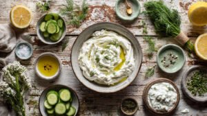 Top-down overhead realistic smartphone photo showing Greek yogurt used in traditional marinades and dips. A central bowl of thick creamy Greek yogurt mixed with garlic, lemon juice, olive oil, oregano, and black pepper, surrounded by small dishes of fresh dill, cucumbers, lemon wedges, and raw lamb or chicken ready for marinating. Include a small bowl of tzatziki to represent dipping sauce tradition. Natural kitchen lighting, sharp focus across the entire frame, no background blur, no bokeh, authentic Mediterranean home cooking setting, realistic textures and colors, clean rustic wooden table, minimal styling, no people, no text.