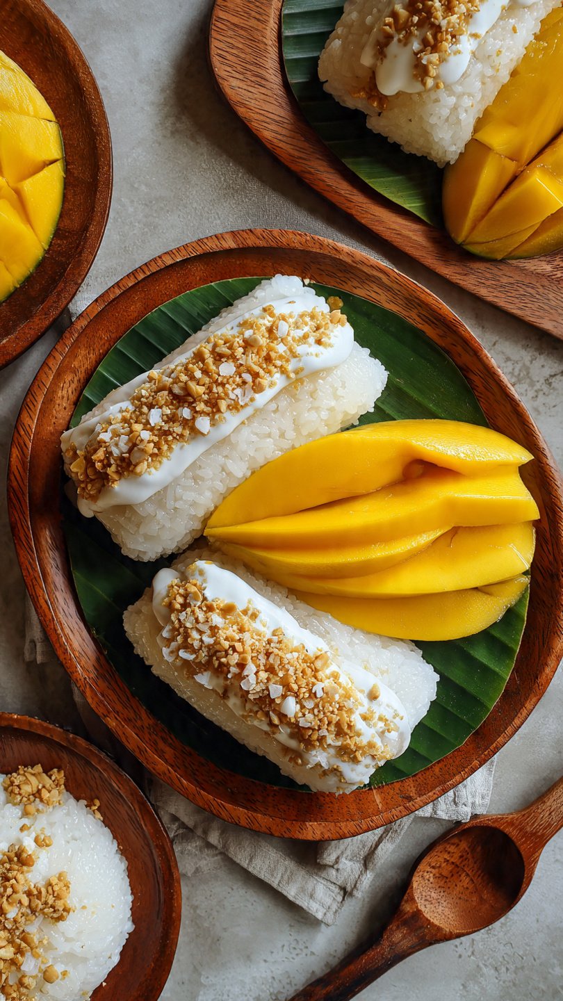 Thai mango sticky rice prepared with glossy coconut milk