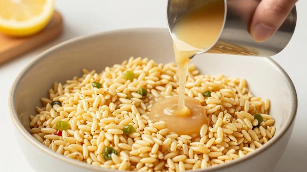 Greek Orzo Pasta Salad (Mediterranean Fresh) - Step 6: Add Dressing to Salad